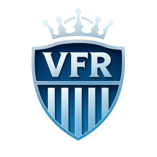 왕관이 얹힌 방패 모양의 VFR 로고가 파란색 톤으로 디자인된 엠블럼