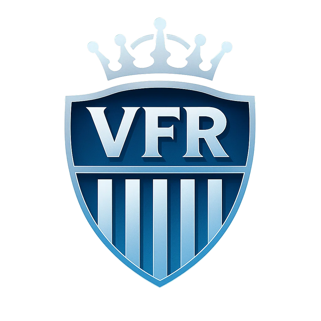 왕관이 얹힌 방패 모양의 VFR 로고가 파란색 톤으로 디자인된 엠블럼